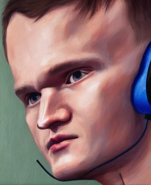 Prompt: vitalik buterin in headphones. vitalik buterin, close up, perfect symmetric face, coherent eyes, cute beautiful face, fine details., 4 k, hans zatska, oil paint