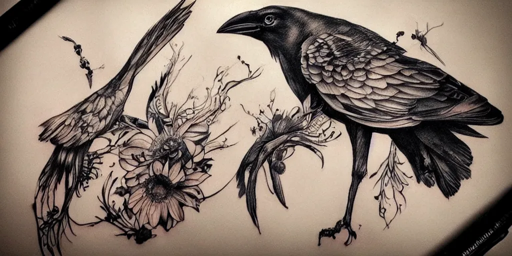 realistic tattoo designs drawn on paper dark crow Stable Diffusion