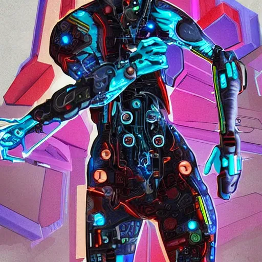 Prompt: digital full body painting of a cybernetically augmented cyberpunk zombie, hyperdetailed, vibrant colors, comic book style, trending on Artstation