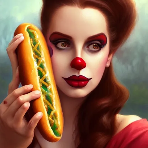 Prompt: Lana Del Ray eating a hot dog in clown makeup, closeup, D&D, fantasy, intricate, elegant, highly detailed, digital painting, artstation, concept art, matte, sharp focus, illustration, hearthstone, art by Artgerm and Greg Rutkowski and Alphonse Mucha