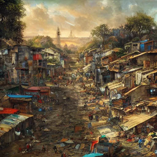 Prompt: jean francois milletas slum neighborhood on lord of the ring, justify content center, masterpiece content, incrinate contents detail, rgb color