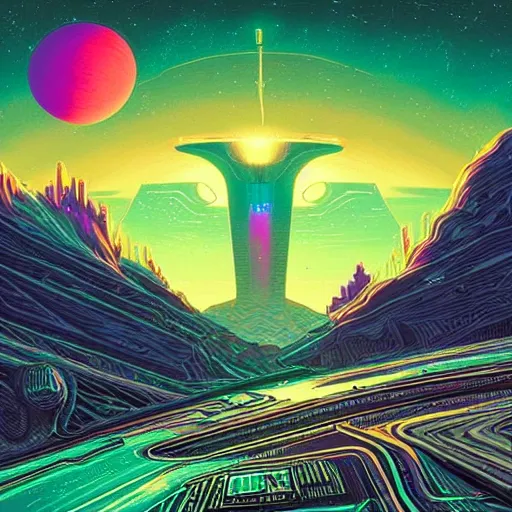 Prompt: gigantic alien mothership above a beautiful synthwave landscape, artwork by dan mumford and craig bruyn