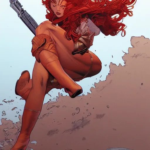 Prompt: a beautiful comic book illustration of a pretty red-headed woman by Jerome Opeña, featured on artstation