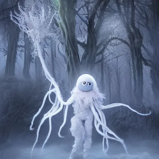 Prompt: an ethereal fantasy fluffy ghost like spooky live action muppet wraith like figure with a squid like parasite latched as its head and four long tentacles for arms that flow gracefully at its sides like a cloak while it floats around a frozen rocky tundra in the snow searching for lost souls and that hides amongst the shadows in the trees, this character has cryokinesis and umbrakinesis and is a real muppet by sesame street, photo realistic, real, realistic, felt, stopmotion, photography, sesame street