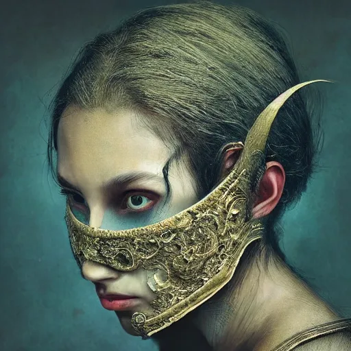 Image similar to Very very very very highly detailed epic central composition studio photography of face with venetian mask, intricate, dystopian, sci-fi, extremely detailed, digital painting, artstation, concept art, smooth, sharp focus, illustration, intimidating lighting, incredible art by Brooke Shaden