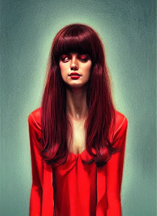 Image similar to portrait of chico buarque with bangs, 1 9 6 0 s, long hair, red clothes, bangs, intricate, elegant, glowing lights, highly detailed, digital painting, artstation, concept art, smooth, sharp focus, illustration, art by wlop, mars ravelo and greg rutkowski