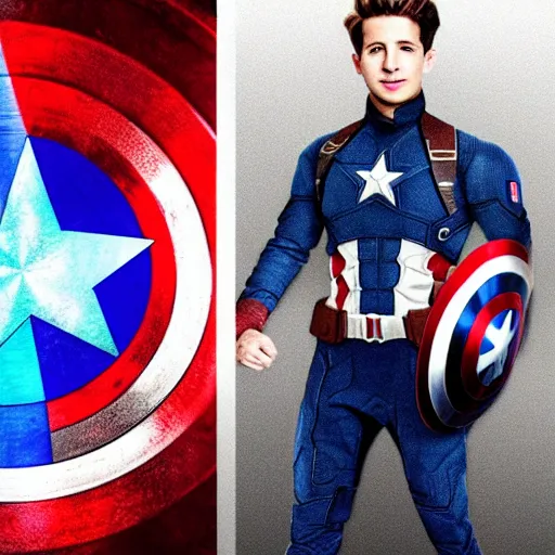 Image similar to a full body image of charlie puth as captain america