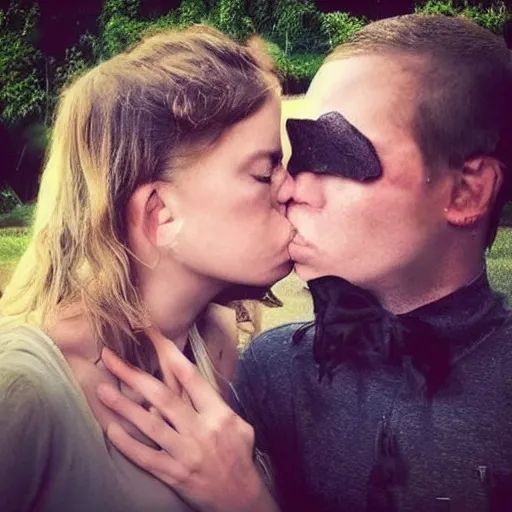 Image similar to Instagram post, creepy couple kissing