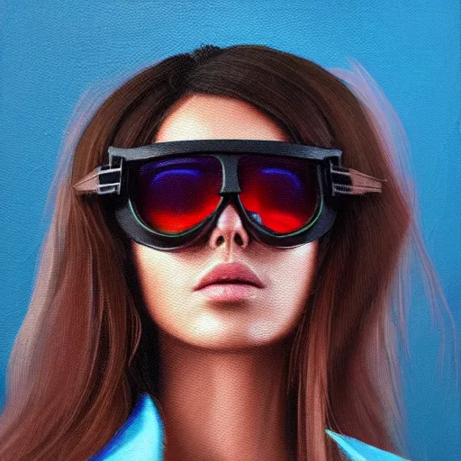 Image similar to closeup painting of a very beautiful young mexican cyberpunk woman with a smirk, wearing light blue shutter shades and a dark brown leather jacket, one side haircut, brown hair, portrait, hyperdetailed, artstation, cgsociety, 8 k, synthwave by tangerine dream