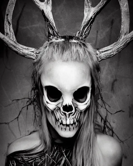 Image similar to deer - skull sisters ghost - spirit of the grim - warpaint wears the scarlet skull armor and native blood headdress antlers, midnight fog - mist!, cinematic lighting, various refining methods, micro macro autofocus, ultra definition, award winning photo, photograph by ghostwave - gammell - giger - shadowlord