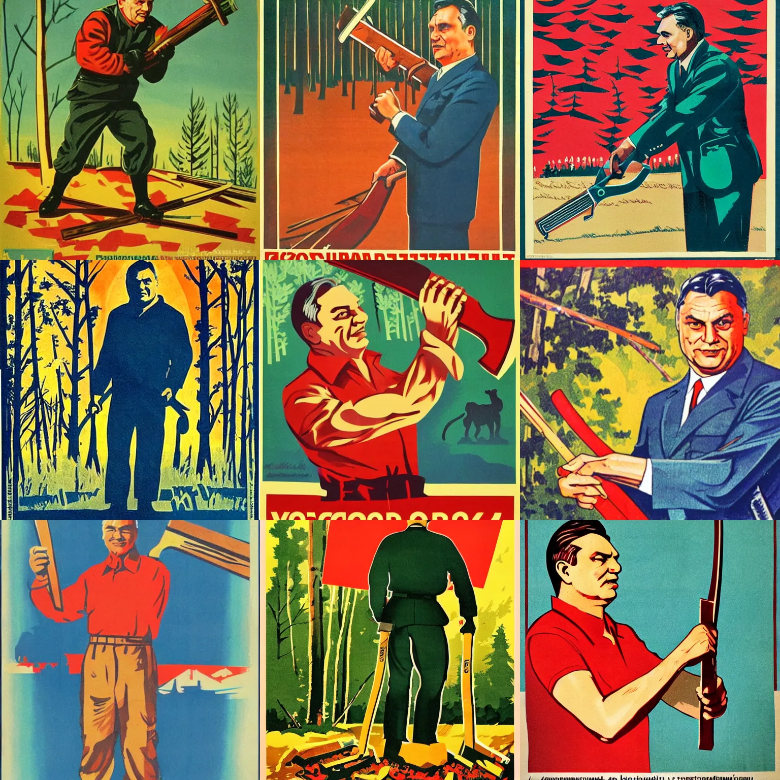 Prompt: soviet propaganda poster of viktor orban holding a saw, forest in the background