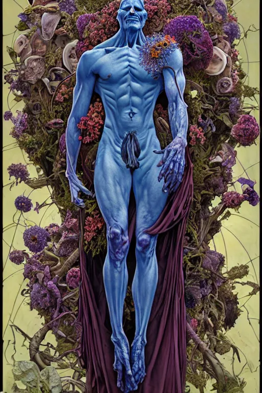 Image similar to the platonic ideal of flowers, rotting, insects, mushrooms and praying of cletus kasady ultimate carnage thanos dementor doctor manhattan chtulu nazgul davinci dalhi, detailed, intricate, hyperrealism, intense, scary, decay, dmt, art by brock hofer and artgerm and greg rutkowski and alphonse mucha