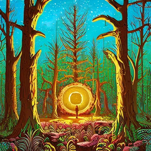 Prompt: A ruined portal with a spiritual and mystical sound in a forest by Howard Arkley, Anton Fadeev and Dan Mumford