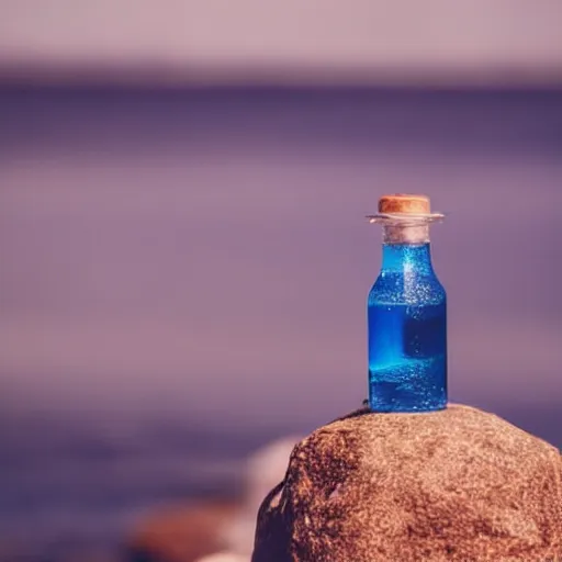 Image similar to bottle on a rock floating in the blue water surrounded by plethora of fauna and flora, bright blue skies up close shot, white background, zen, light, modern minimalist f 2 0 clean