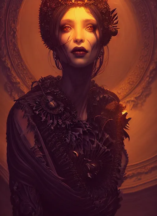 Image similar to portrait of an absurdly beautiful, graceful, sophisticated, fashionable dark witch, hyperdetailed illustration by irakli nadar and vania zouravliov, day - glow, unreal engine 5 highly rendered, global illumination, radiant light, detailed and intricate environment