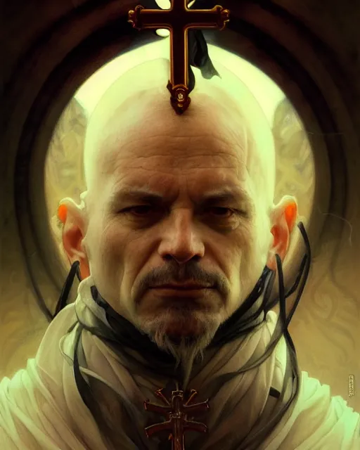 Image similar to realistic portrait of a nasty bishop, inverted cross, evil, heroic pose, beautiful face, bible, full body, dramatic lighting, intricate, wild, highly detailed, digital painting, artstation, concept art, smooth, sharp focus, illustration, art by artgerm and greg rutkowski and alphonse mucha, footage from space camera