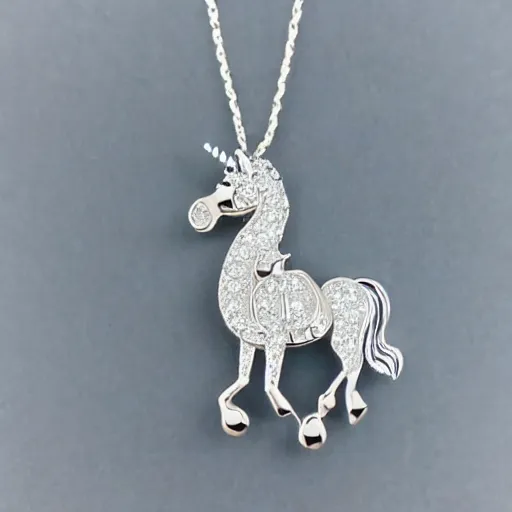 Image similar to a lovely silver cartoon unicorn necklace pendant, pandora style, tiffany style, swarovski style, van cleef & arpels style, cartier style, boucheron style, bulgari style, chaumet style, elegant, noble, stylish