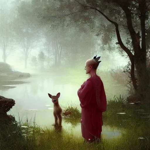 Prompt: a baby deer sniffing an old yard gnome standing by a pond. illustration, art by greg rutkowski and bouguereau and Zdzislaw Beksinski