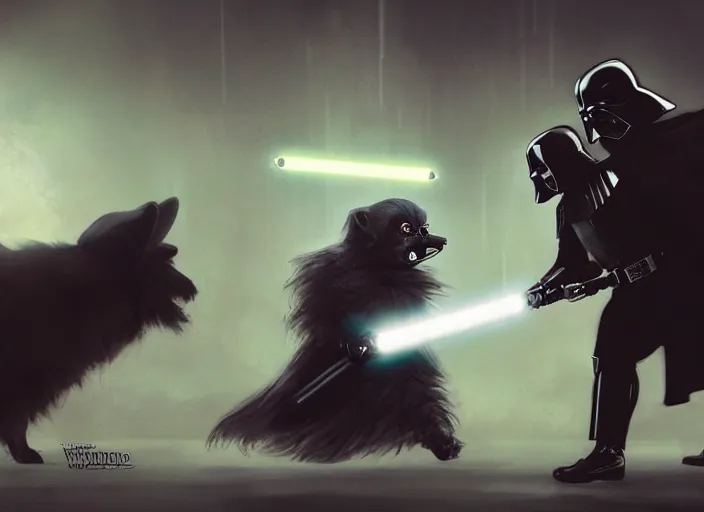 Image similar to a Photorealistic dramatic hyperrealistic render of darth vader with lightsaber drawn facing off against a cute corgi in battle, futuristic star wars vibe, by WLOP and Artgerm and Greg Rutkowski and Alphonse Mucha, Beautiful dynamic dramatic dark moody lighting, shadows, cinematic atmosphere, Artstation, concept design art, Octane render, 8K, masterpiece, sharp focus