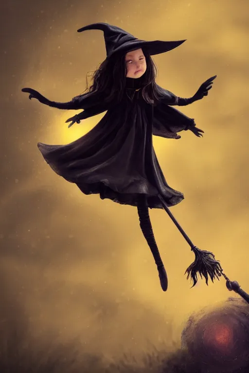 Image similar to a tiny witch, flying on her tiny broom, magical dust, black cat, dramatic lighting, cinematic, establishing shot, extremely high detail, foto realistic, cinematic lighting, post processed, concept art, high details, cinematic, 8k resolution, beautiful detailed, photorealistic, digital painting, artstation, concept art, smooth, sharp focus, artstation trending, octane render, unreal engine