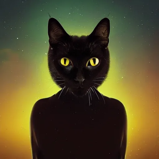 Prompt: beautiful dark landscape, a realistic black cat dressed as an astronaut, in the style of beeple and Mike Winkelmann, intricate, epic lighting, cinematic composition, hyper realistic, 8k resolution,