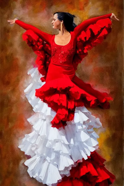 Image similar to oil painting of spanish flamenco dancer in mallorca wearing a red dress made of flowers, dimly lit, photo realistic, extreme detail skin, no filter, slr, 4 k, high definition