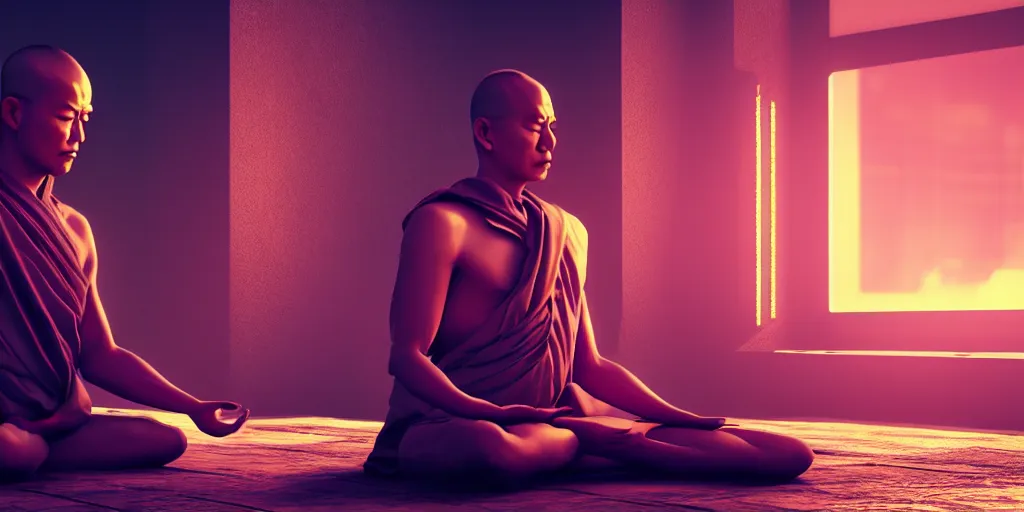 Prompt: meditating monk in cyberpunk style, ultra realistic 8 k resolution.