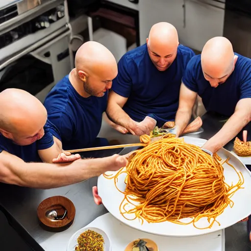 Image similar to Group of bald men with spaghetti on their heads