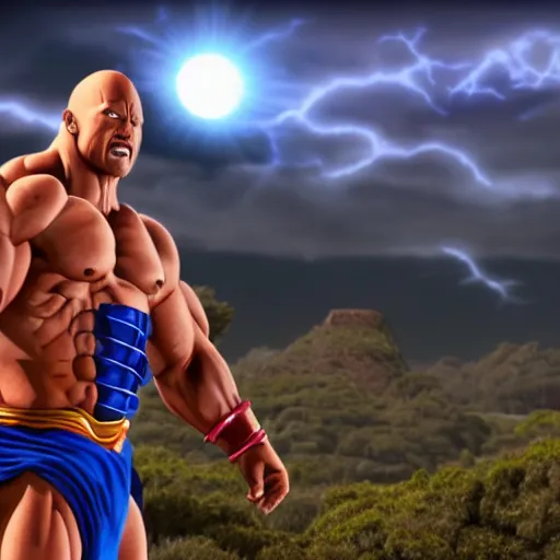 Prompt: full shot of Dwayne Johnson as Supa Saiyajin Broly at moonlight, lightning bolt, apocalyptic background, by Akira Toriyama, high detail, unreal engine 4k, volumetric light