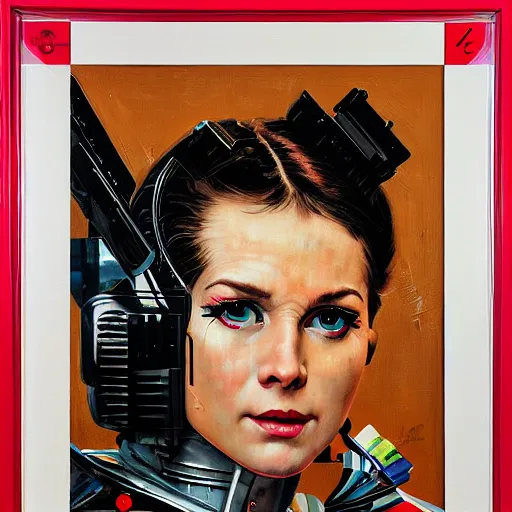 Image similar to portrait of a female android painted by Norman Rockwell and Sandra Chevrier