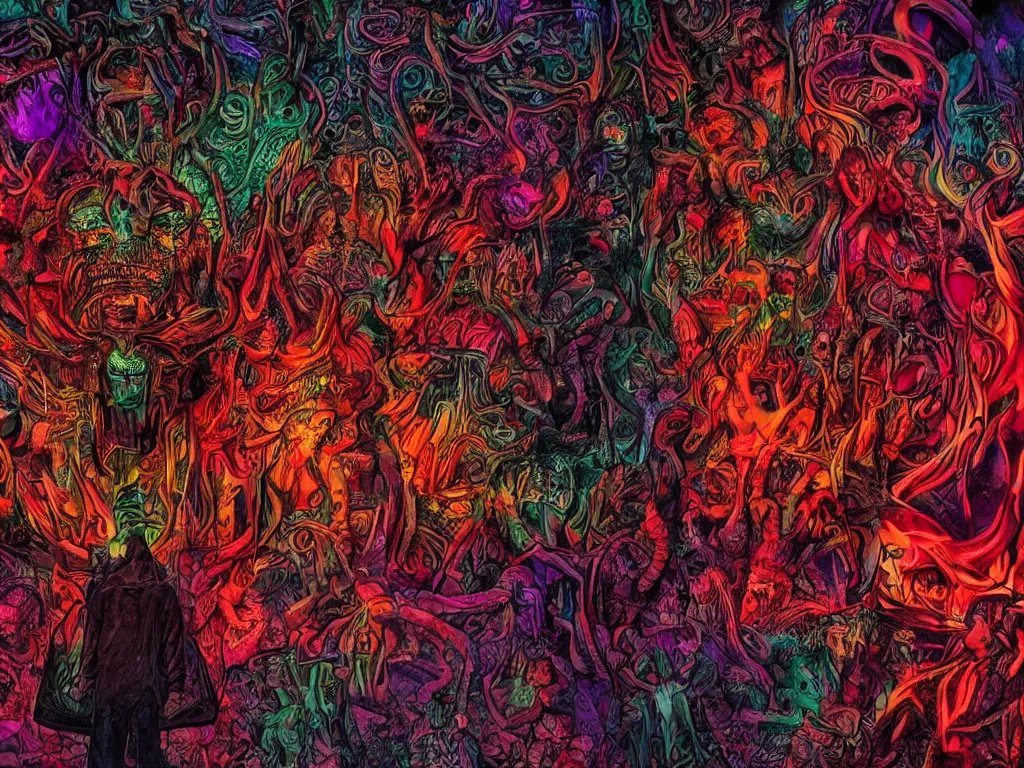 Image similar to a psychedelic tour through the hell filled with demons, dark colours, patterns, highly realistic, 4 k, 8 k, scary