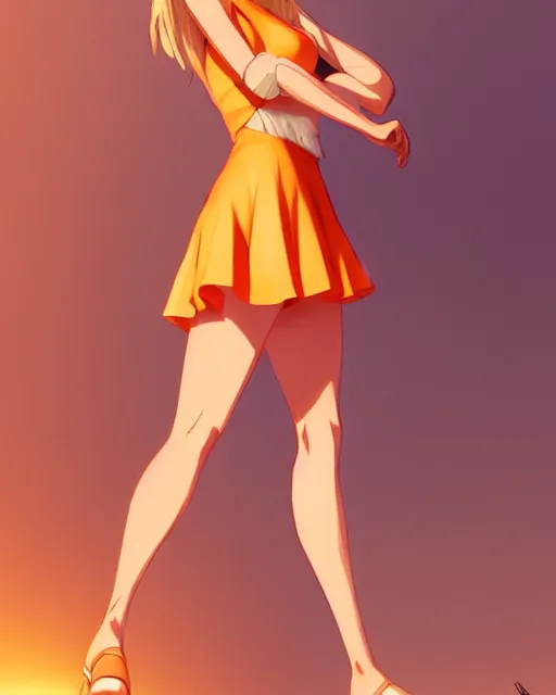 Image similar to blond woman in an orange ripped short dress, by artgerm, by studio muti, greg rutkowski makoto shinkai takashi takeuchi studio ghibli