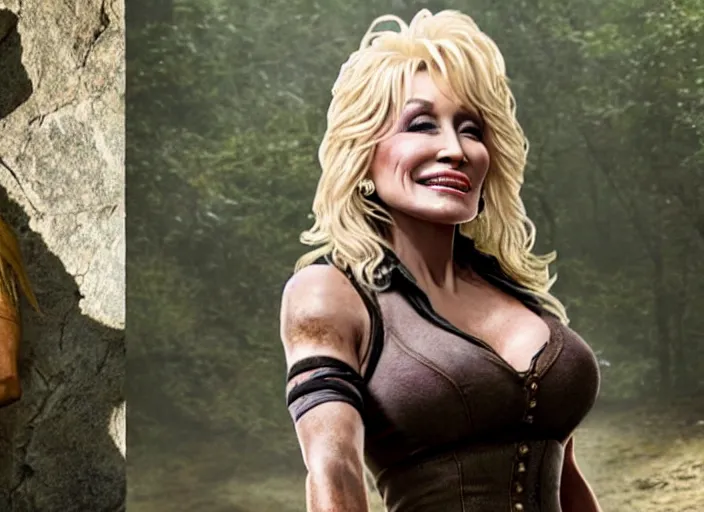 Image similar to film still of!!!! dolly parton!!! as lara croft in new tomb raider movie, 8 k