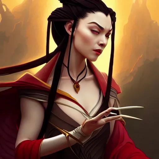 Image similar to Princess Azula from Avatar The Last Airbender, D&D, fantasy, intricate, elegant, highly detailed, digital painting, artstation, concept art, matte, sharp focus, illustration, art by Artgerm and Greg Rutkowski and Alphonse Mucha