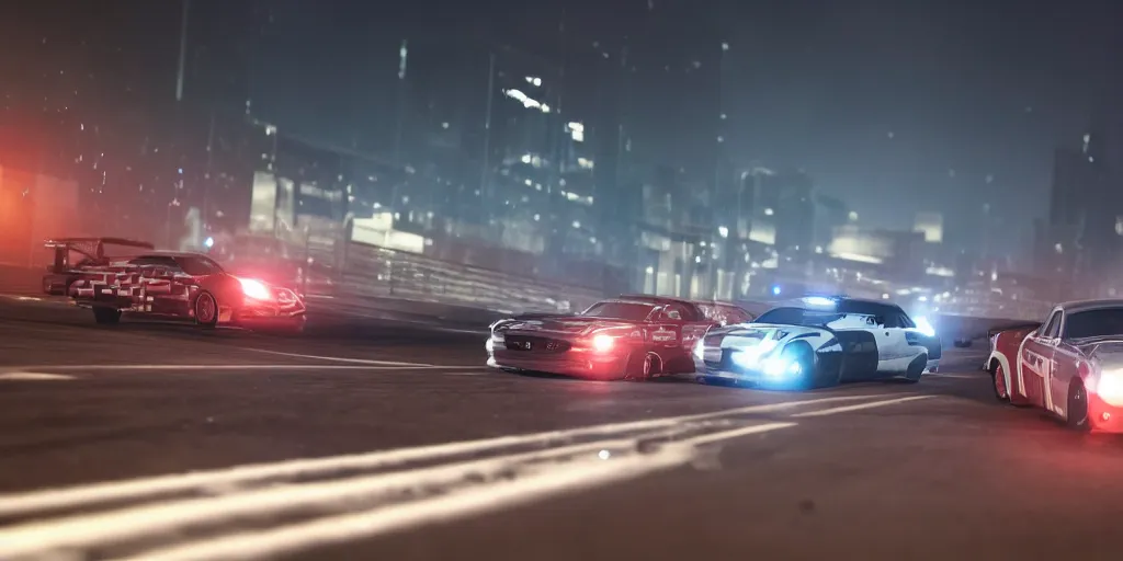 Image similar to a drawing of two cars drag racing in the middle of the night while being chased by the police, realism, octane render, intense,