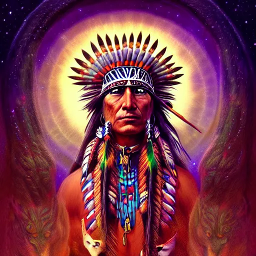 Prompt: : native american shamen fantasy, cosmic fantasy magic,, intricate, sharp focus, illustration, highly detailed, digital painting, concept art, matte, jahbu art and paul lewin masterpiece