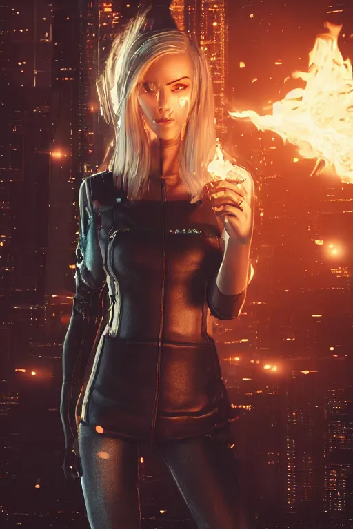 Prompt: beautiful blonde woman with fire in her hand, cyberpunk, behind her a city during the end of the world, realistic, high definition, many details, symmetrical face, realistic eyes, art of unreal engine 5