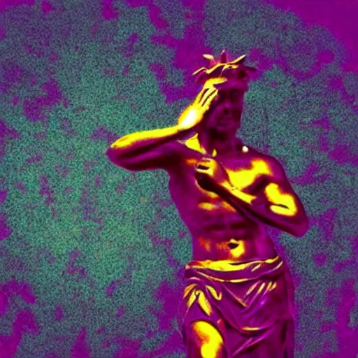 Image similar to greek statue dabbing, 9 0 s style psychadelic background, grainy artifacts