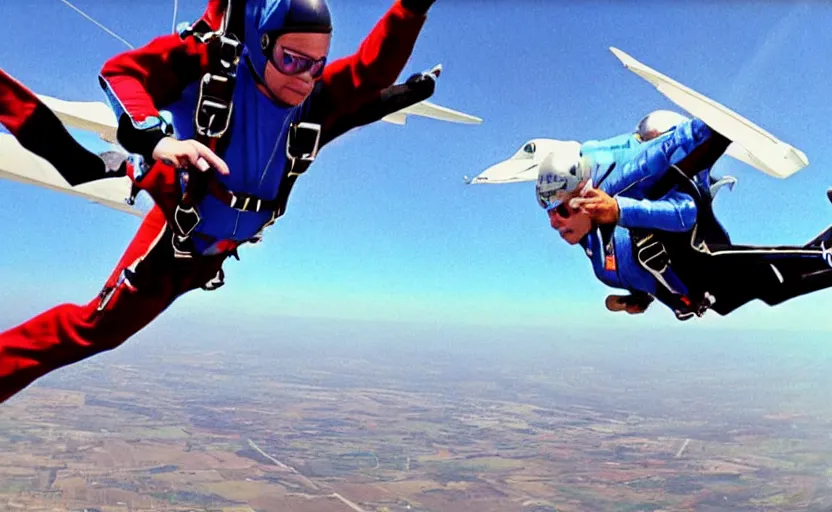 Image similar to photorealistic picture close up on a skydiver. plane in the background 8 0'style