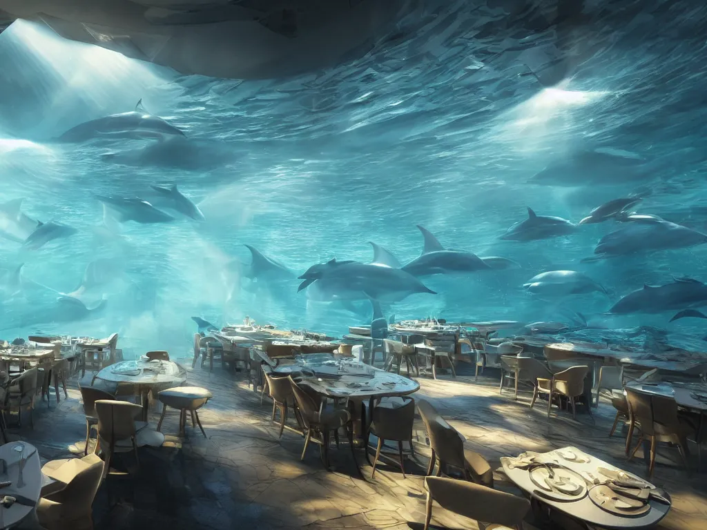 Image similar to Futuristic restaurant under water with dolphins and people inside. Rays of light shines through the water and dust clouds everywhere. Cinematic, ArtStation, realistic photograph, ambient, rays, lens flares. Unreal Engine, Blender, Maya, rendered by Octane, Arnold.