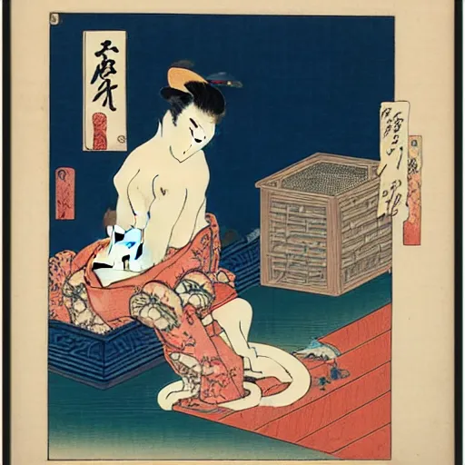 Image similar to a hokusai ukiyo - e portrait of a cat grooming itself, a shocked woman looks at the cat, japanese quote in the top left corner