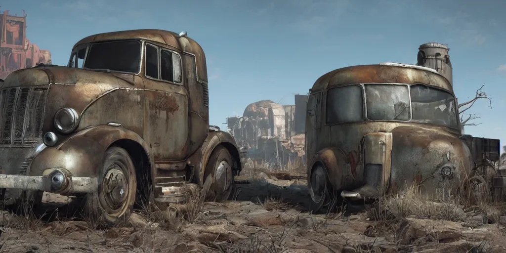 Image similar to fallout concept art truck render ultra unreal engine 5