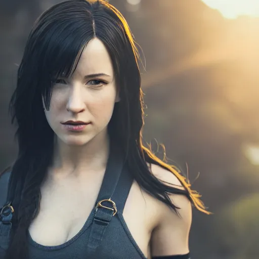 Image similar to Tifa Lockhart in real life, face centered portrait, Confident, fog, volumetric lighting, beautiful, golden hour, sharp focus, ultra detailed, by Leesha Hannigan, Ross Tran, Thierry Doizon, Kai Carpenter,Ignacio Fernández Ríos