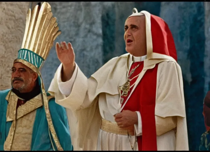 Prompt: a film still of the pope dressed in egyptian style as the faraoh, in the 1 0 commandments ( 1 9 5 6 ), technicolor color