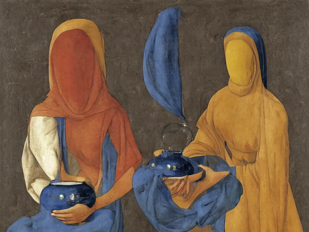 Prompt: woman with niqab, vase, amphora, jug, conch shell. lapis - lazuli, turquoise, malachite, cinnabar, earth brown. painting by piero della francesca, balthus, agnes pelton