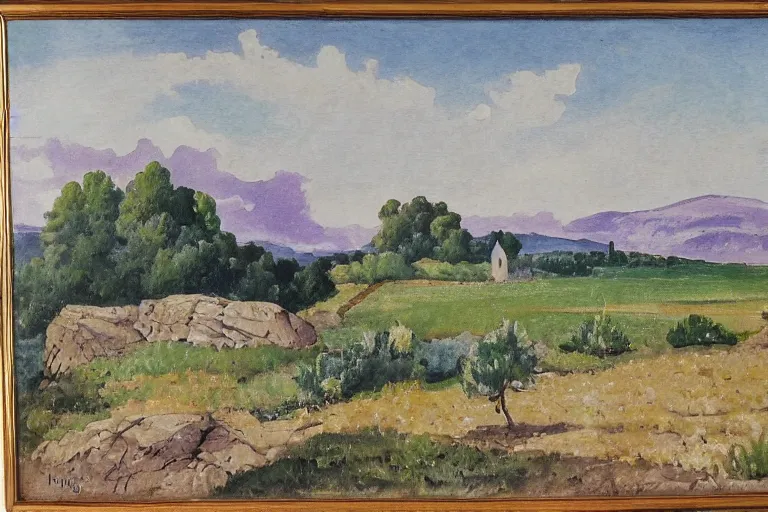 Image similar to Masterpiece of a large Provence landscape, country side and small town, gouache, by Jean Hugo, without canvas, more lavender purple color, more rocks