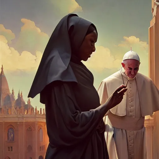 Image similar to highly detailed vfx portrait of dark - skinned nun casting spell on the pope, stephen bliss, greg rutkowski, loish, rhads, beeple, makoto shinkai, tom bagshaw, alphonse mucha, sharp focus, art by artgerm and greg rutkowski, stanley kubrick, backlit, harsh overhead sunlight,