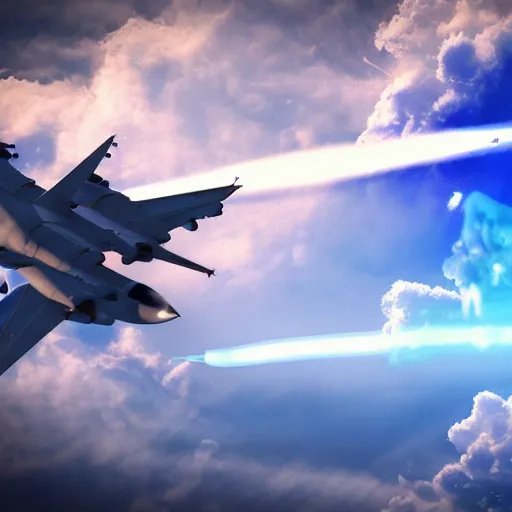 Image similar to two jets, flying towards each other, parallel planes, blue explosion in the background, realistic, 4 k, hdr, cinematic scene, clouds, movie scene