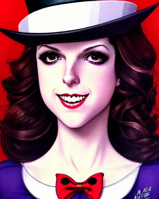 Image similar to beautiful Anna Kendrick Zatanna DC Comics floating on stage, wearing a top hat, symmetrical face symmetrical eyes, smiling, fantasy, intricate details, atmospheric, elegant, concept art, art by artgerm and eiichiro oda, Norman Rockwell