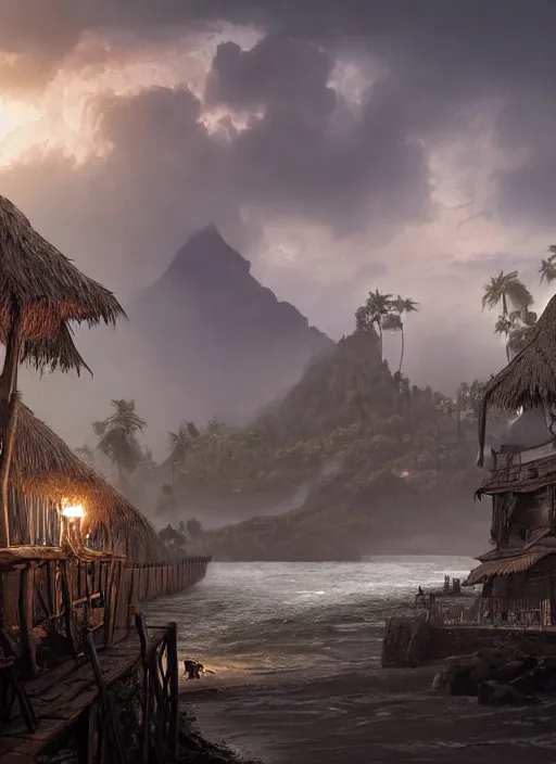 Prompt: wooden palisade wall on a tropical island kit by torches in a Storm night, giant Gorilla sillouhette in the background, intricate Details, raphael lacoste, eddie mendoza, alex ross, concept art, matte painting, highly detailed, rule of thirds, dynamic lighting, cinematic, detailed, denoised, centerd, clean render